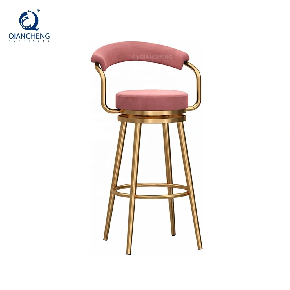 QIANCHENG luxury home furniture supplier high velvet chair kitchen island barstool high back swivel tall bar counter stool