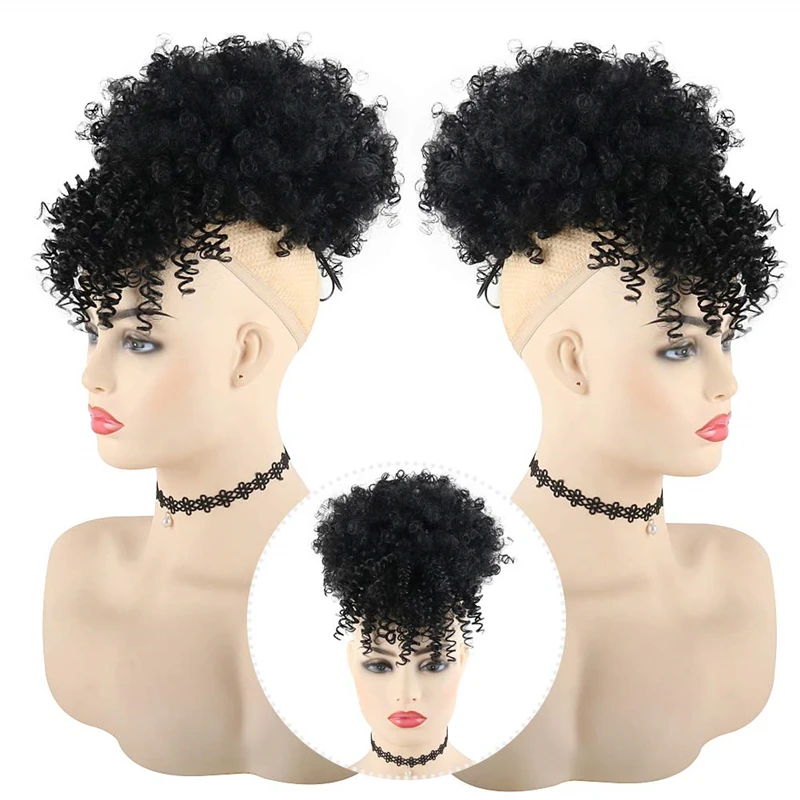 Afro Puff Drawstring Ponytail Bun with Bangs Heat Resistant Synthetic Short Kinky Curly Ponytail Extensions