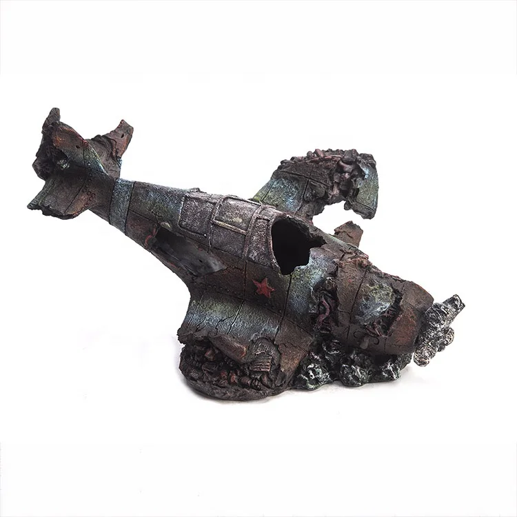 Aquarium ornaments accessories polyresin artificial wrecked fighter plane fish tank decoration
