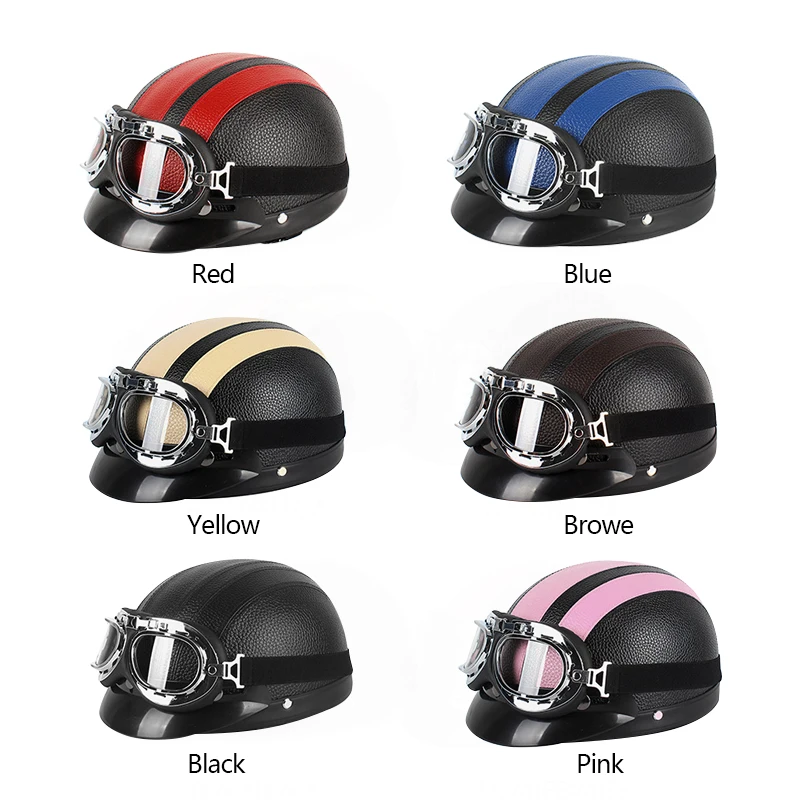 Motor Synthetic Leather Vintage Motorcycle Motorbike Scooter Helmets with Goggles