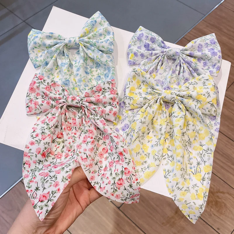 South Korea New Stylish Long Floral Bow Hairpin Fringe Chiffon Streamer Hair Accessories Female Back Head Top Clips