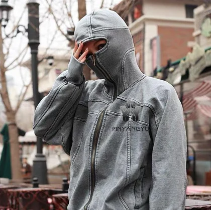Low Moq Wholesale Drop Shoulder Acid Wash Vintage Hoodie Men Full Face Hood Half Zip Up Retro Ninja Hoodie