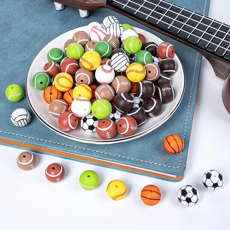 15mm Soccer Basketball Volleyball Football Sports Silicone Beads for pens Keychain Making Bracelet