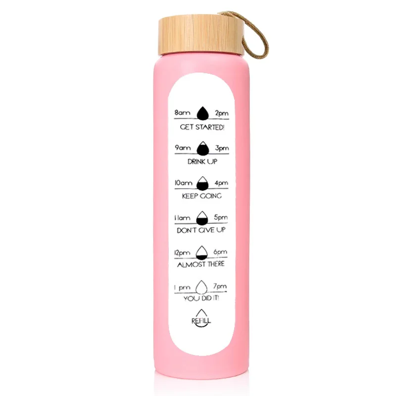 32OZ 1000ml bamboo lid glass bottle with time scale and silicone sleeve sport water cup bottle for Outdoor Travel Climbing