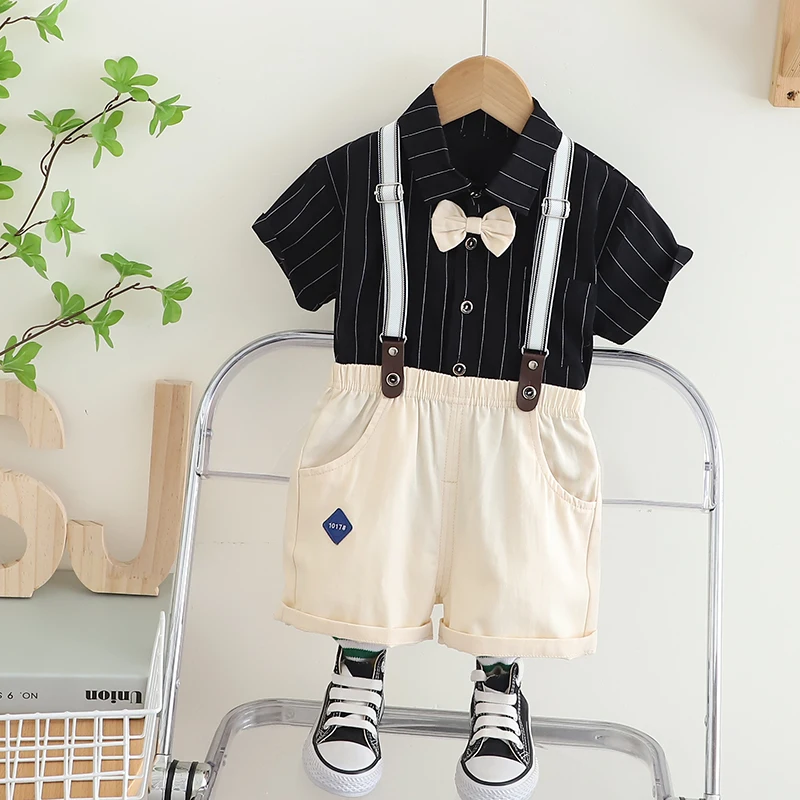 2024Summer Kids Baby Boy Formal Suit Short Sleeve with Shirt+Suspender Pants Casual Clothes Outfit Gentleman 2PCS clothes