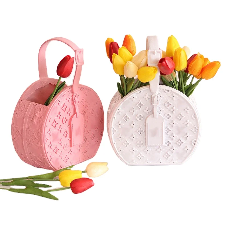 Nordic creative Morandi resin handbag flower vase dried flower arrangement luxury handbag vase for home living room decoration