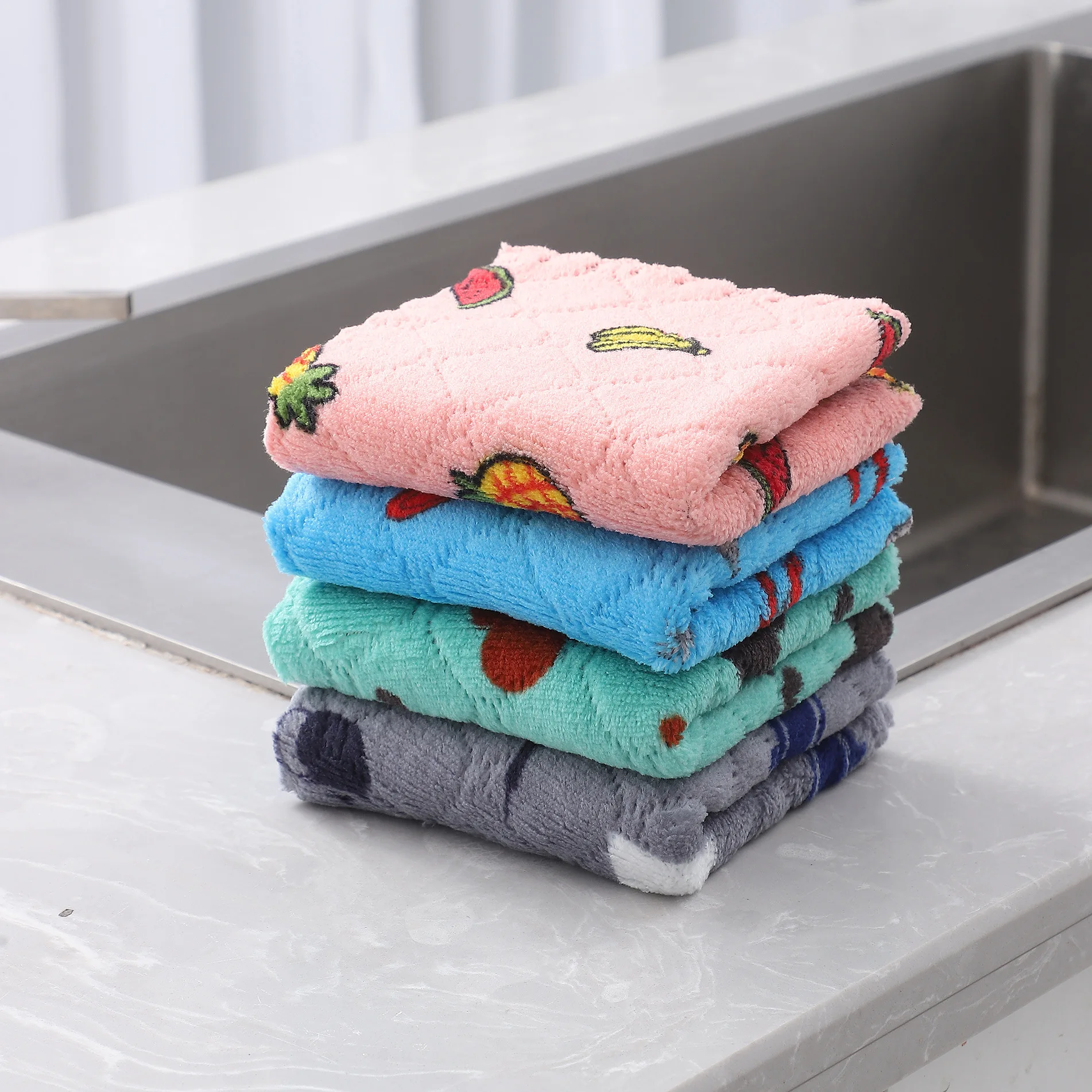 Custom Premium Super Absorbent Double-sided Colors Microfiber Coral Fleece Kitchen Dish Rag Cleaning Cloths Towels for Household