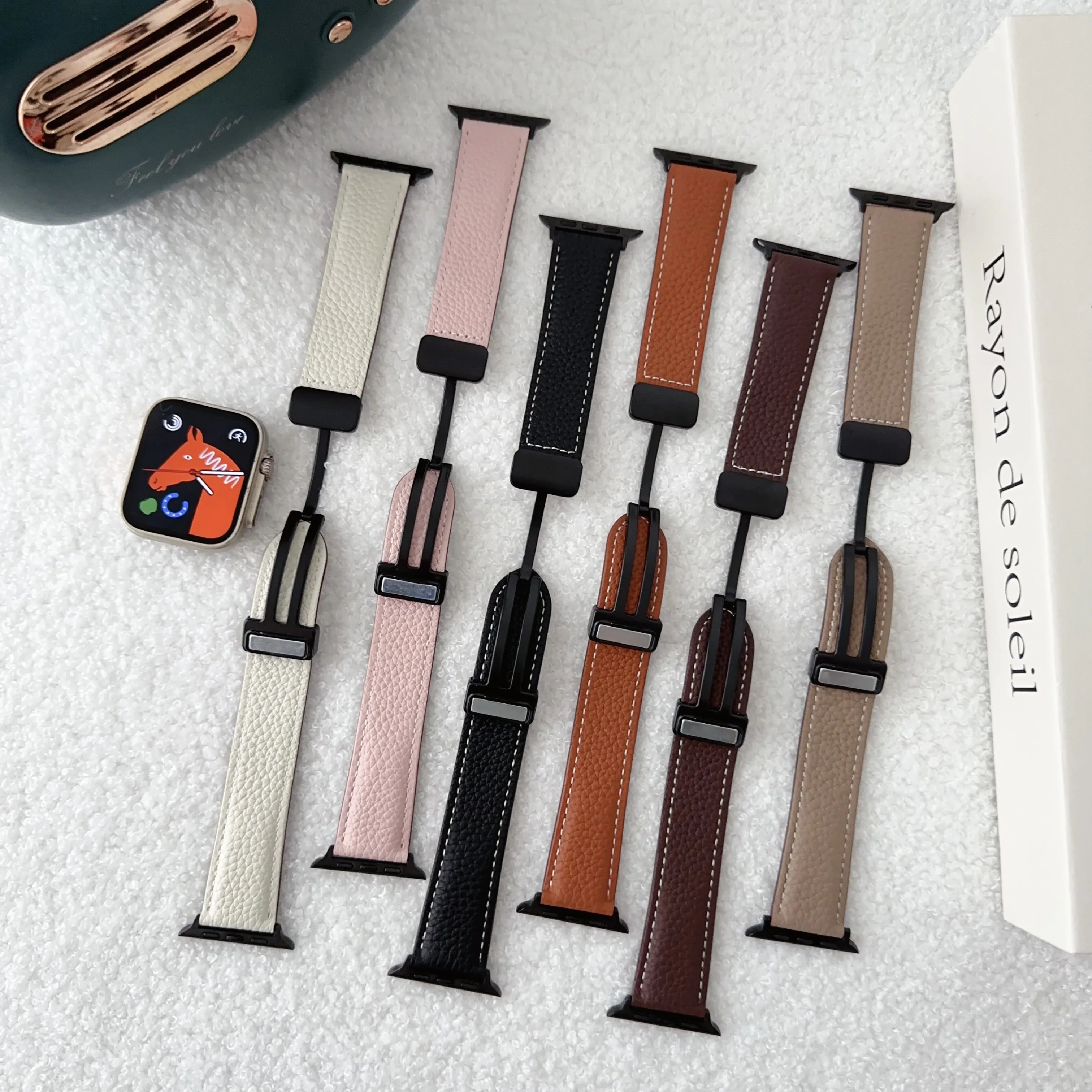 Новый стиль магнитная пряжка кожаный браслет для Apple Watch алюминиевый сплав ремешок iWatch 8 7 6
