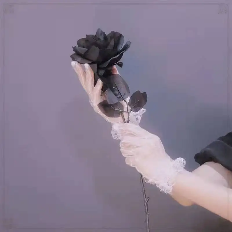 Japanese sweet mesh bridal gloves lace summer thin black and white gloves lolita flower wedding hand sleeves