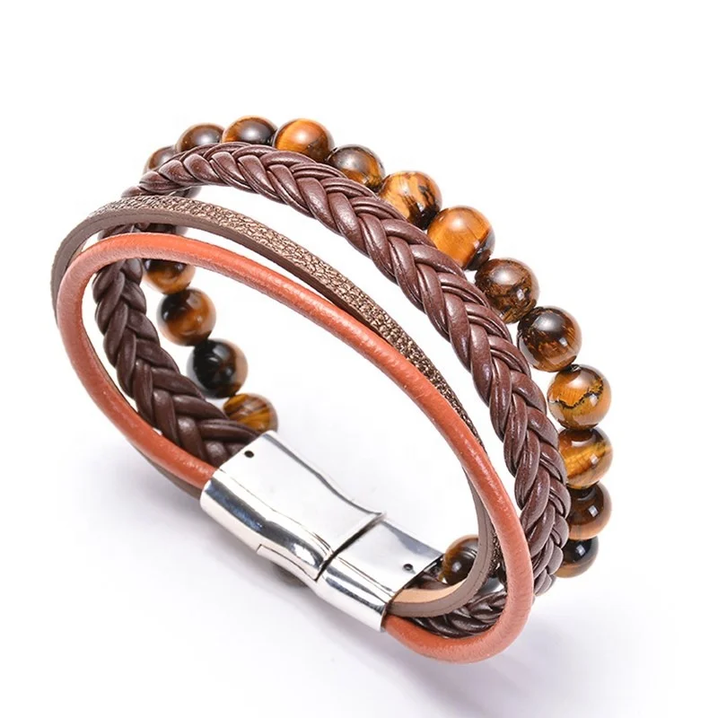 Wholesale designs with natural tiger eye stone  handmade beads multilayer stainless steel magnet buckle leather bracelet