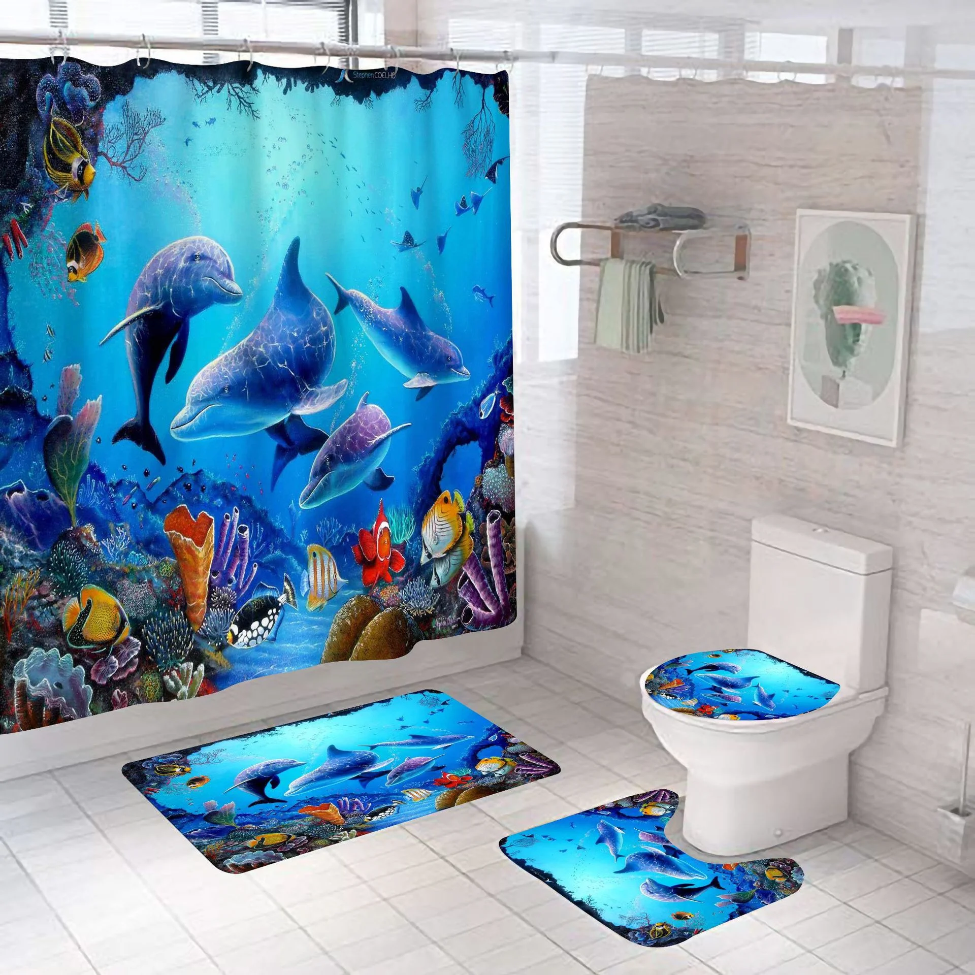 Customized Modern 3D Cute Blue Dolphin Print Eco-Friendly 4pcs Shower Curtain Set For Bathroom Polyester Bath Mat Rug Waterproof