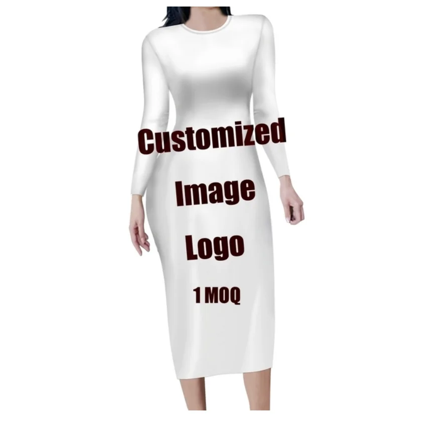 Custom Image Personalized Women Bodycon Midi Sheath Dress Print on Demand O-neck Long Sleeve for Teen Girls Drop shipping