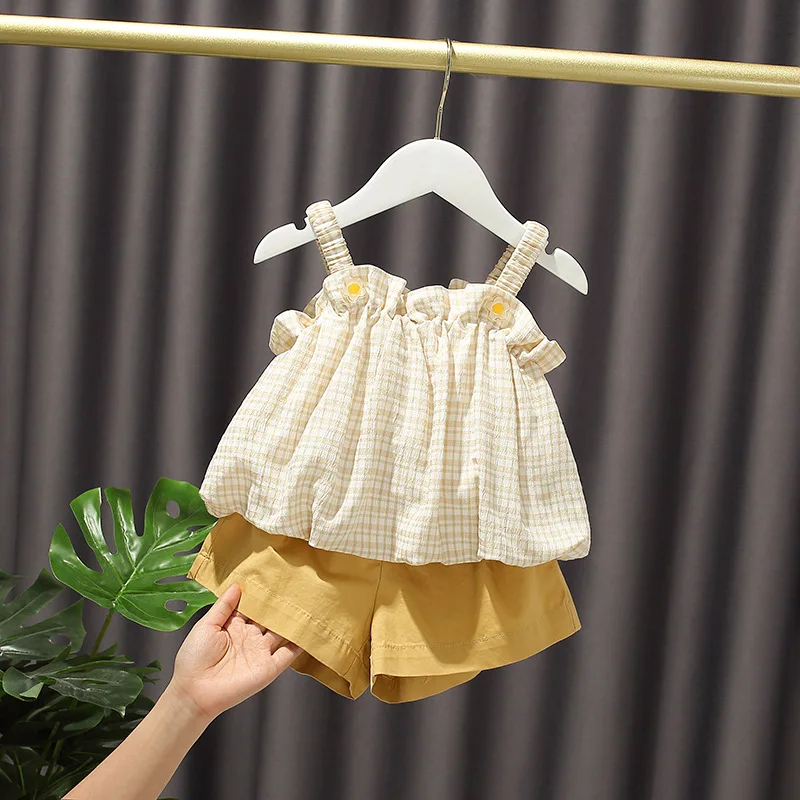 
Girls summer clothing set 2021 new Korean style plaid casual top and shorts 2pcs set kids clothing 