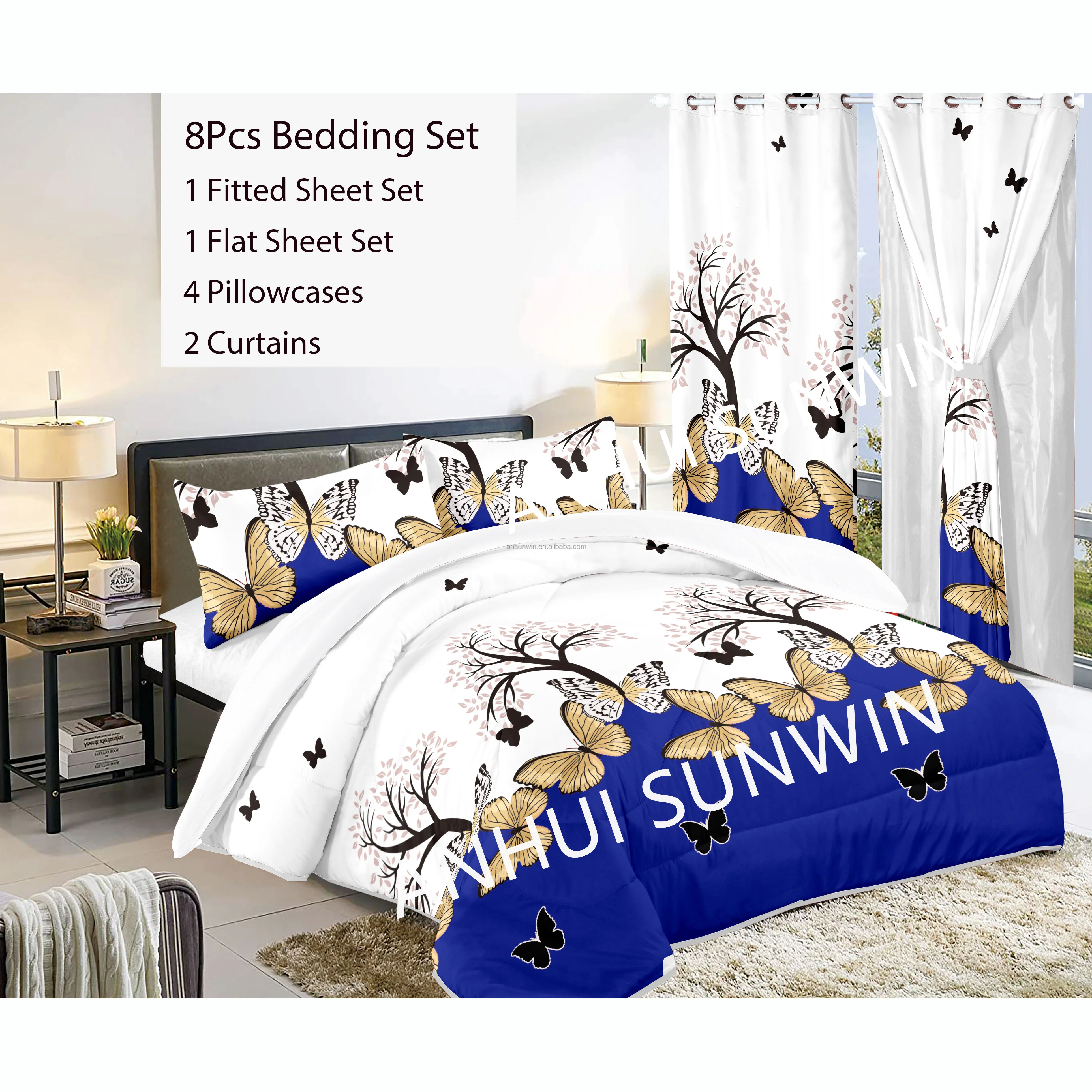 Curtain Bedding Set Nantong Factory 8Pcs Bedsheet With Matching Curtains King Cal King Size For Sales