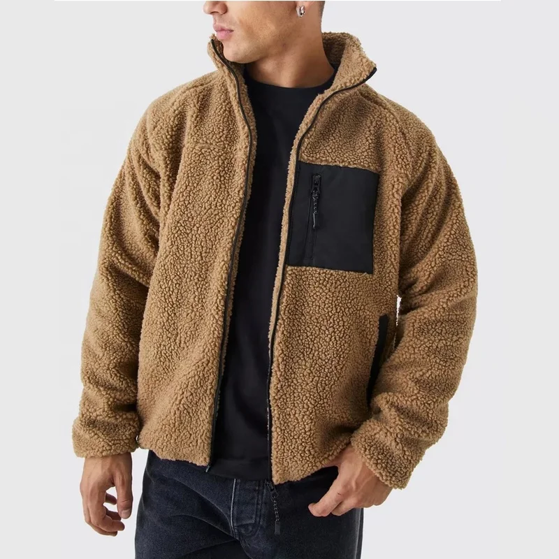 Customized winter brown warm stand collar coat men fleece thick borg funnel neck patch pocket jacket