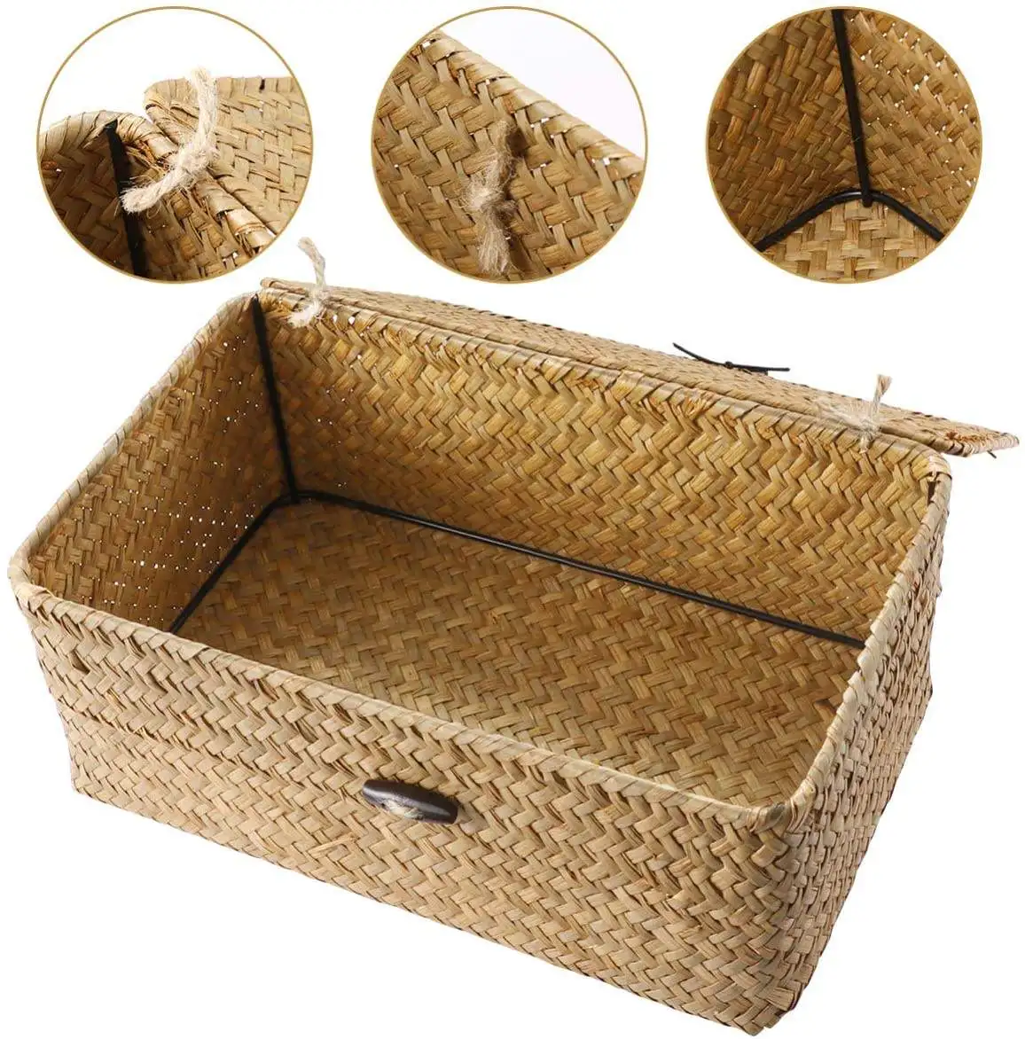 Wicker Basket Desktop Makeup Organizer Multipurpose Container Shelf Baskets with Lid Set of 3 Handwoven Seagrass Storage Box
