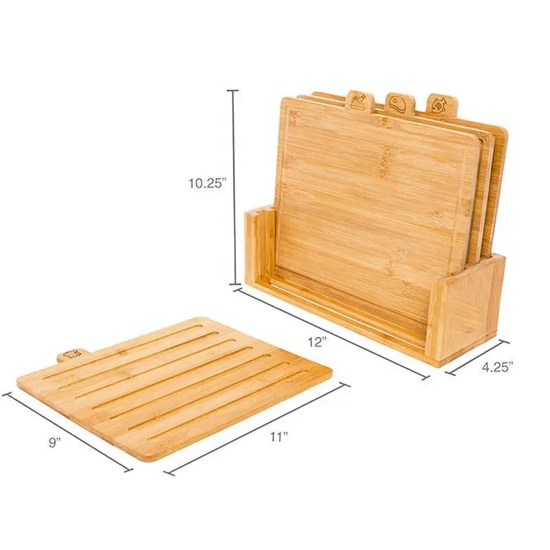 Sustainable wood bamboo chopping board four-piece set household kitchen set with rack  fruit cutting board