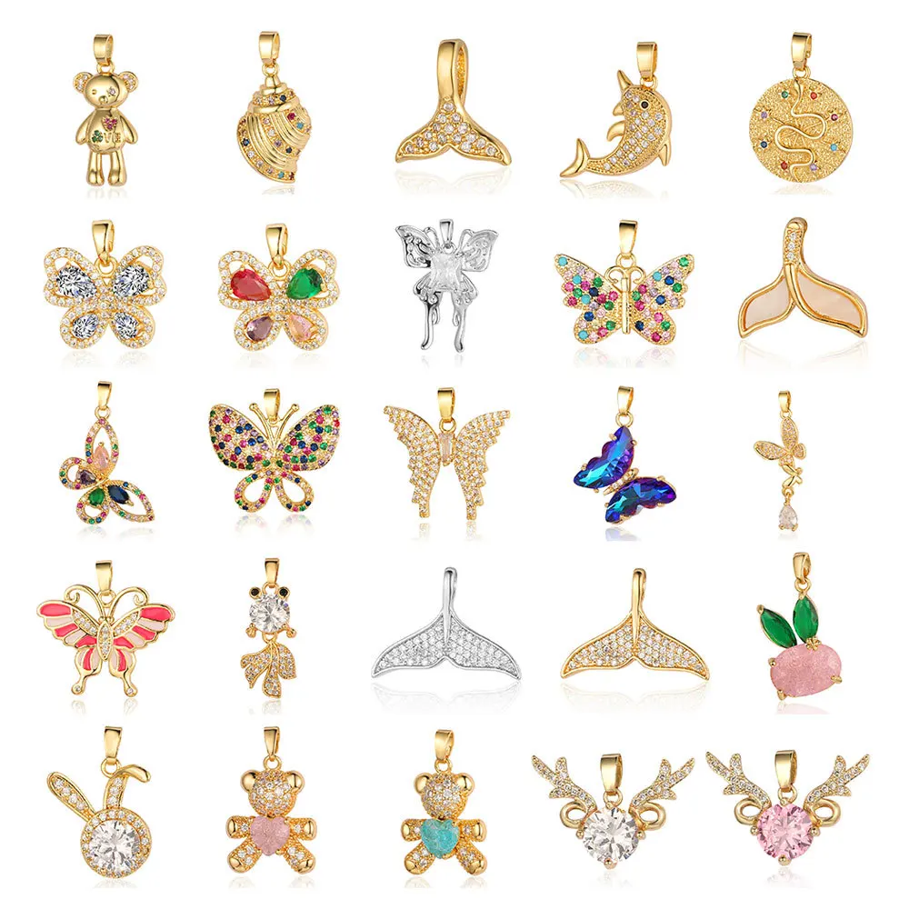 DIY 18K Gold Plated Cubic Zircon Pendants Dolphin Mermaid Tail Bear Butterfly Fashion Jewelry Pendants Charms