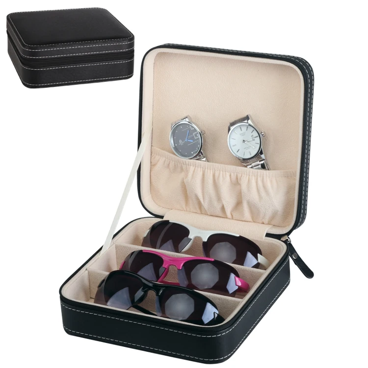 Leather Watch Glasses Jewelry Collection Display Case ladies watch packaging gift box Pu Watch Sunglasses Zipper Box