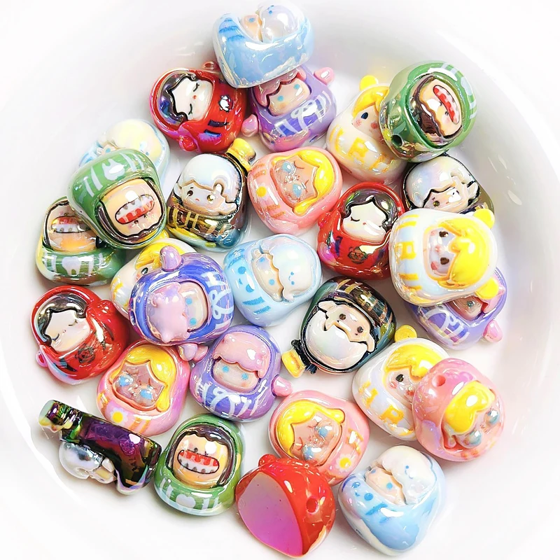 SOJI Cute 21mm drip oil cartoon shaped UV plated acrylic loose clear plastic beads for jewelry bracelet keychain making
