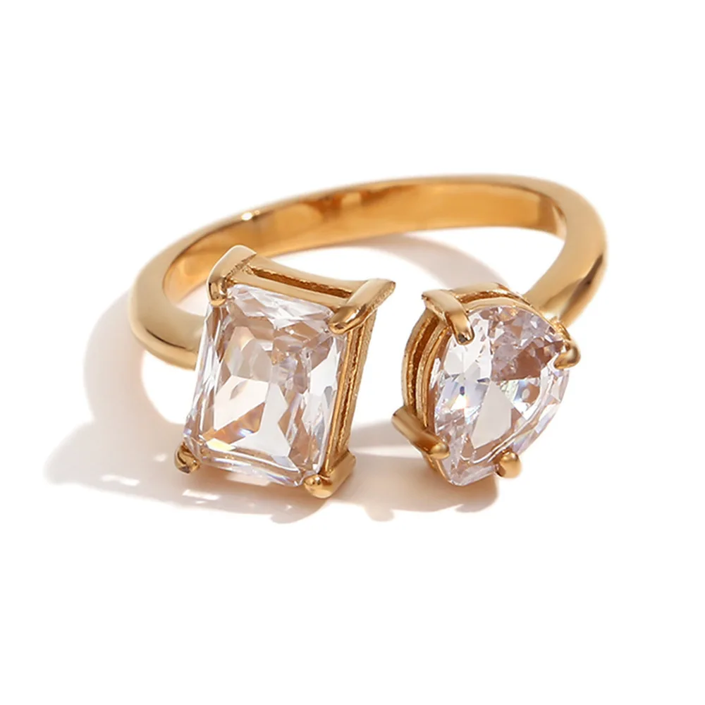 R1626 Waterproof Fashion Stainless Steel Bling Moissanite Green Cubic Zirconia Open Ring 18k Gold Plated Charm Jewelry