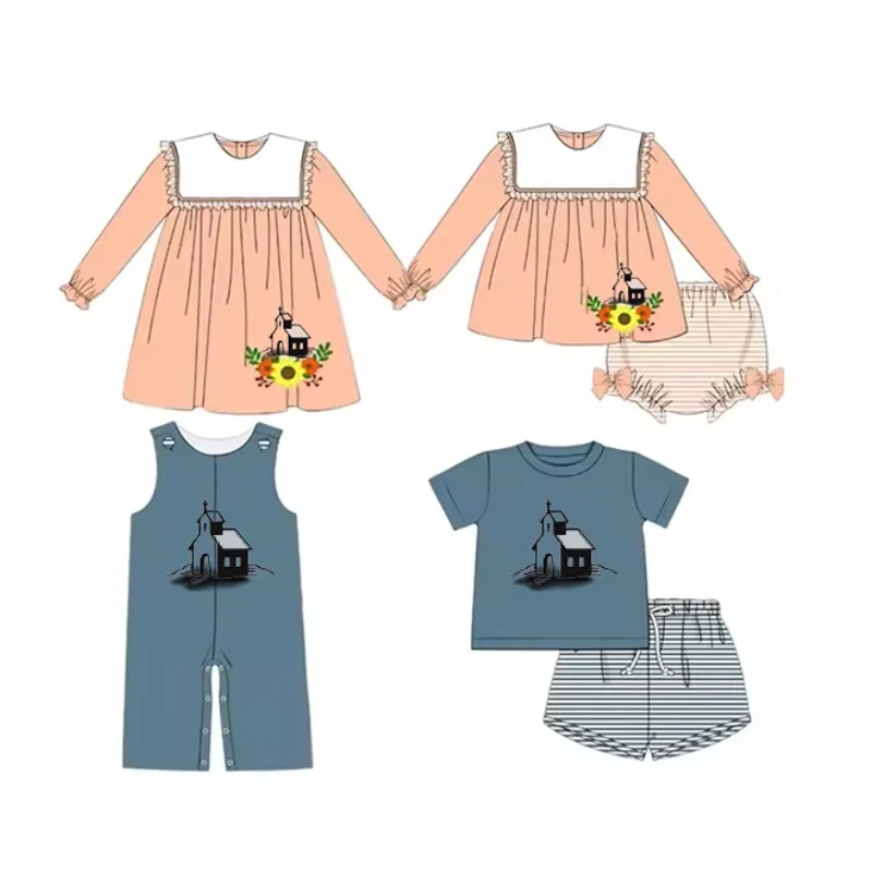 New Design Baby Girl Boys Spring Smocked Clothing Outfit Toddler Kids It Is Well with My Soul Design Siblings Smocked Set