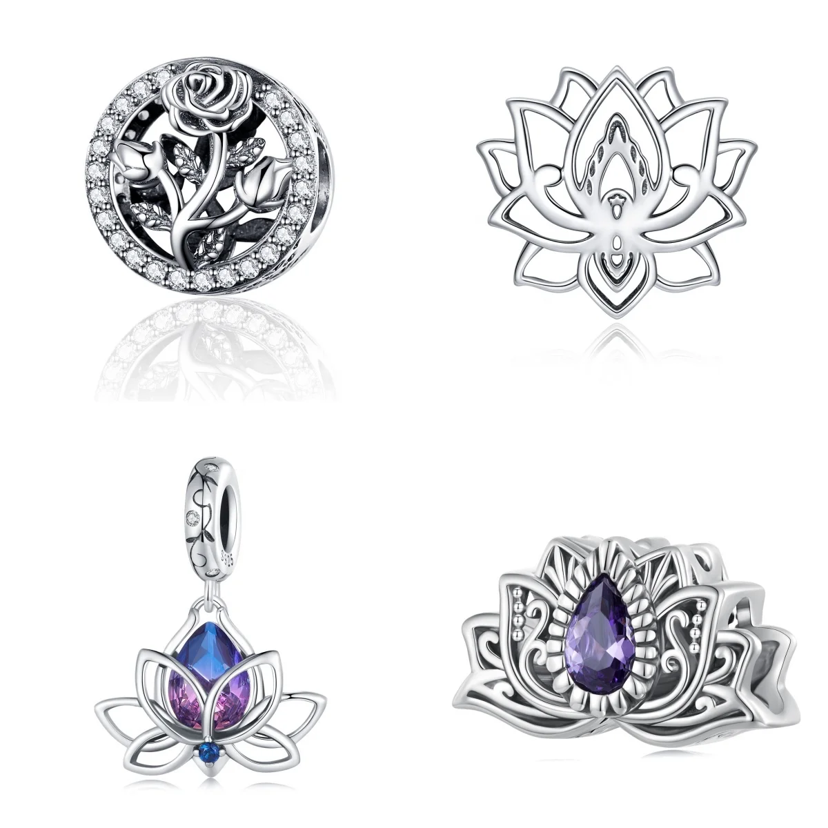 Fashion Sterling Silver Jewelry Charms For Bracelet Fine Jewelry Making Zirconia Vintage Blooming Lotus Rose Pendant Charm Beads
