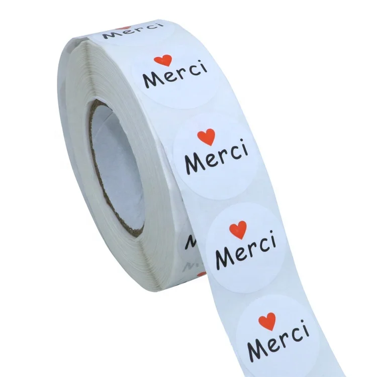 Hybsk 1 Inch Round French Thank You Merci Stickers White Adhesive Labels with Red Heart 1,000 Labels Per Roll
