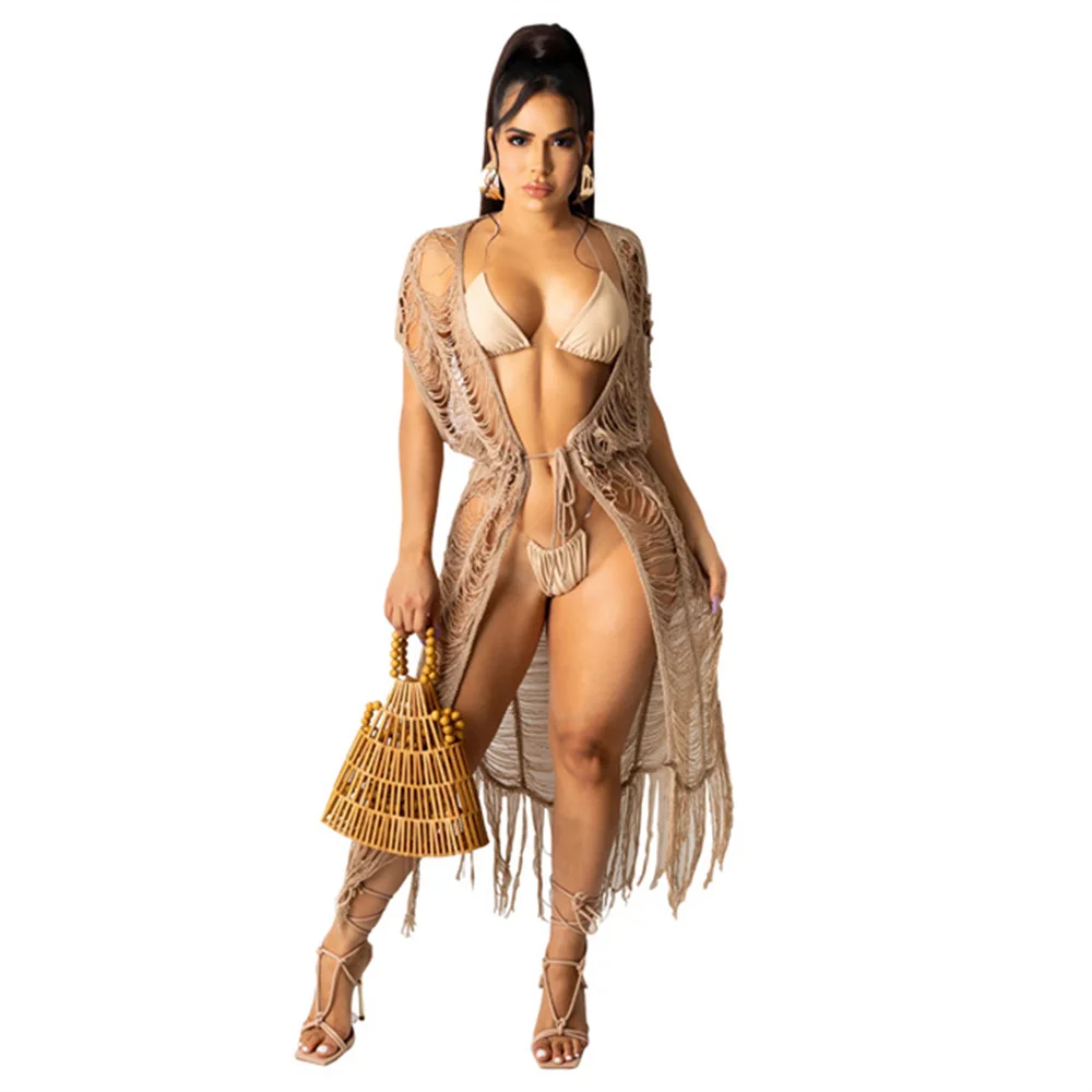 
TR-1158 Summer Women Lace Crochet Solid Color Transparent Casual Beach Cover Long Cardigan Cape Outerwear Top 