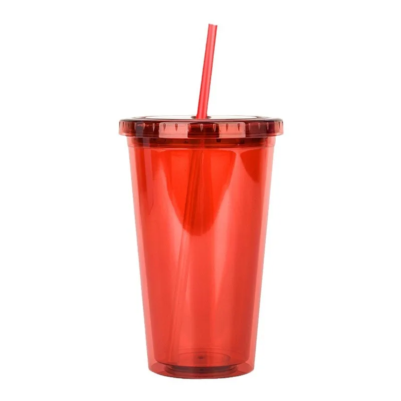 Wholesale New Double Plastic Straw Cup  PVC Pattern Coffee Cup With Cover Cup