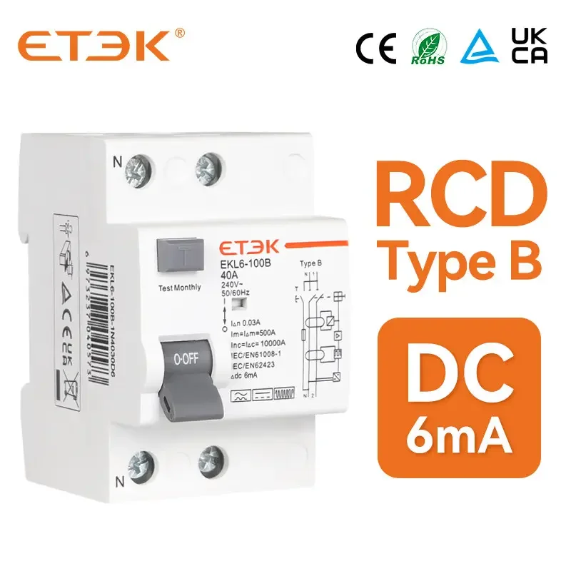 ETEK RCCB 2p 4p type A circuit breakers EKL6 10KA 35mm din rail rccb circuit breaker