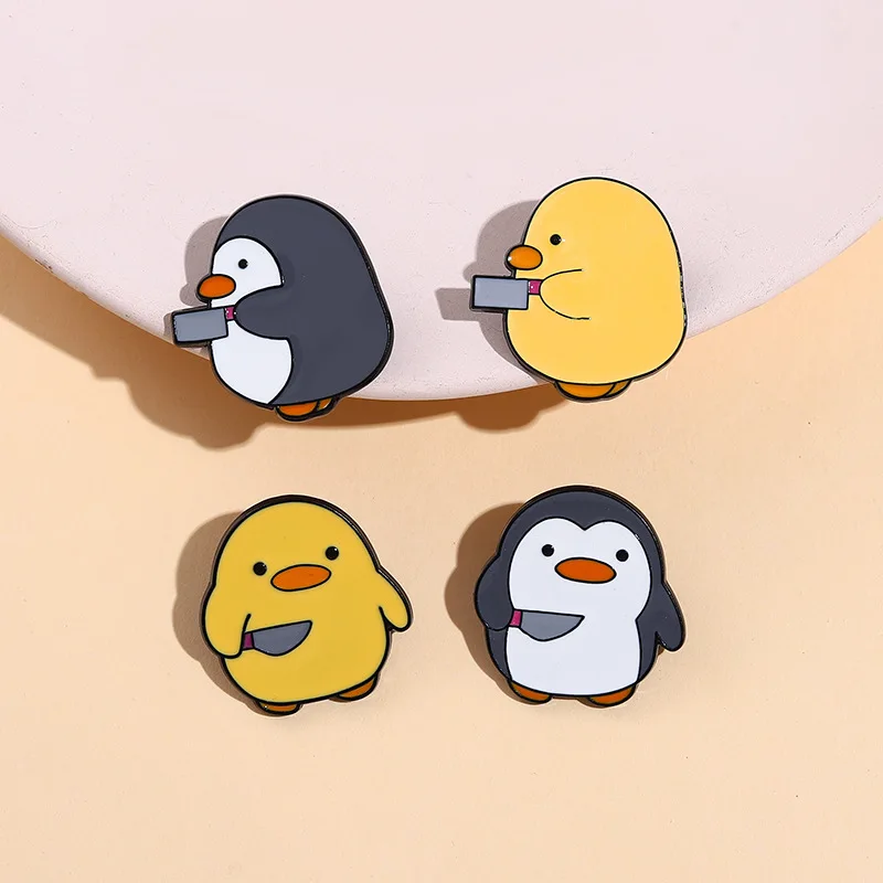 Hot Deals Metal Lapel Badge Cute Anime  Penguin little yellow duck with knife soft Enamel lapel Pin