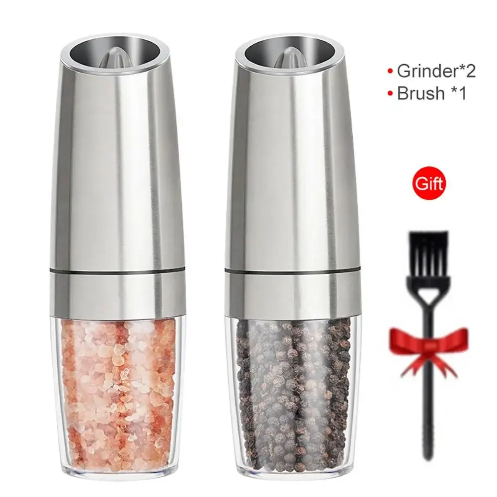 silver battery powered with LED light automatic operation stainless steel gravity electric mill pepper and salt grinder set