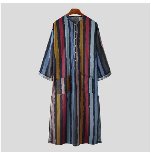Hot Selling Cotton Khamis Arab Islamic Clothing Daffah Robe Stripe Thobe Men Muslim Abaya Moroccan Thobe With Pocket