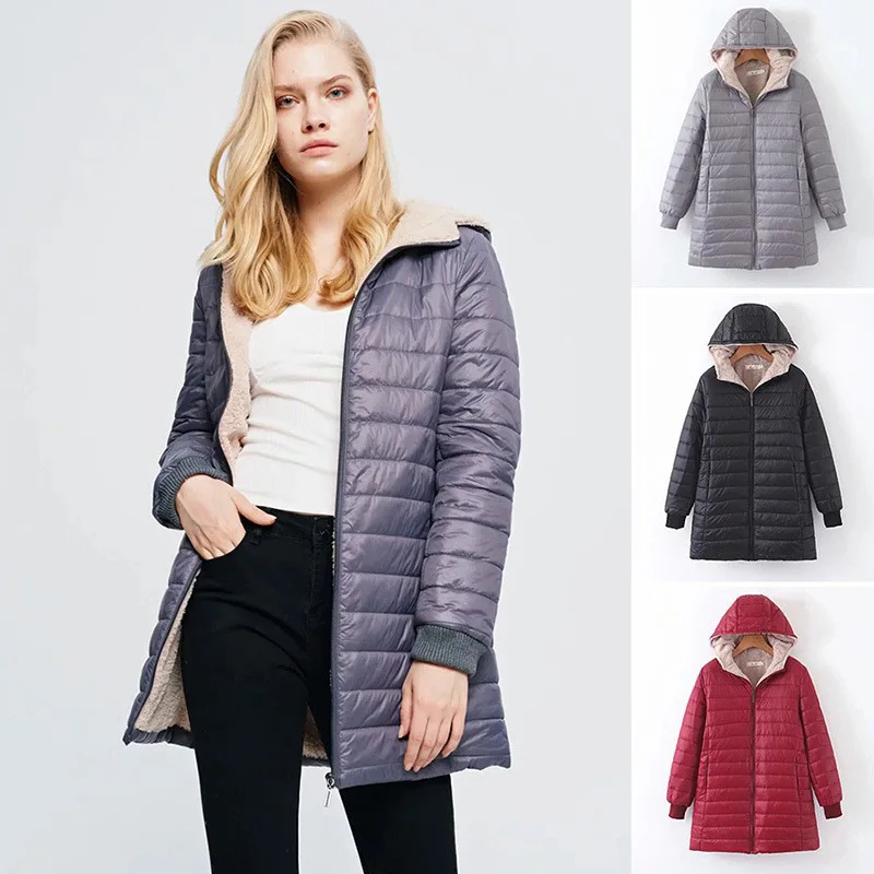Winter Jacket Women Hooded Long sleeve Thin Fleece Jacket Female Slim fit Medium Section Cotton Coat Female