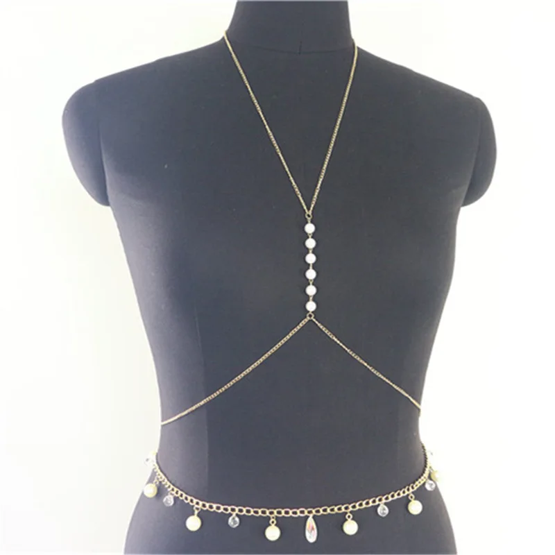  Summer Beach Jewelry Crystal Pearl Waist Chain Popular Harness Crossover Bra Body