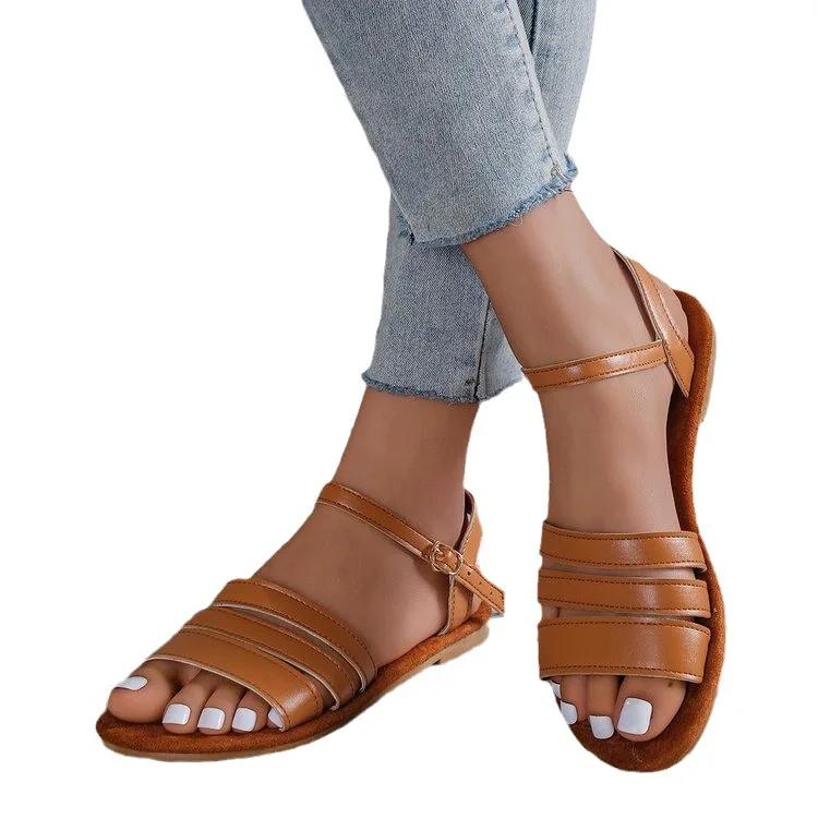 New Style Sandals Pu Leather Casual Plus Size Woman Slipper EVA Sole Women Flat Sandals Round Head Ladies Slipper 2024 PVC