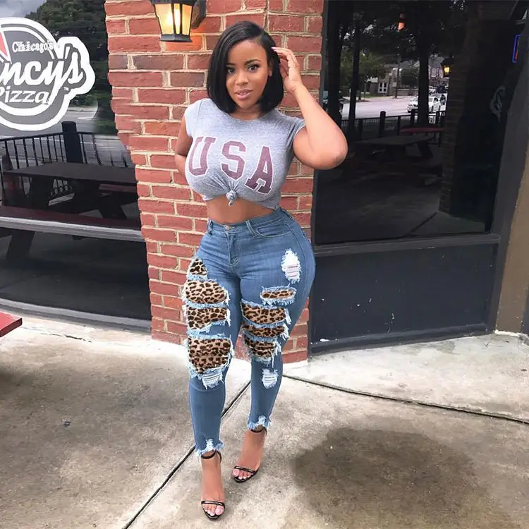 
New Fashion Style In Stock sexy leopard patch skinny rip jeans women plus size 