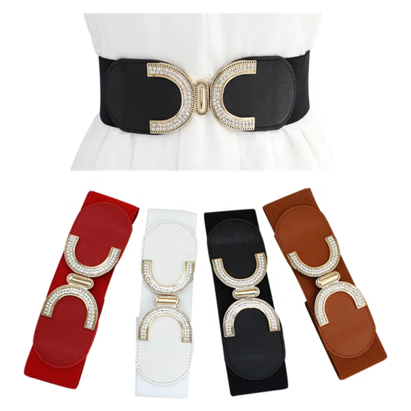 Sweet Beauty Ladies Inlaid Rhinestone Wide Elastic Belt Slim Corset Double C Buckle Belt
