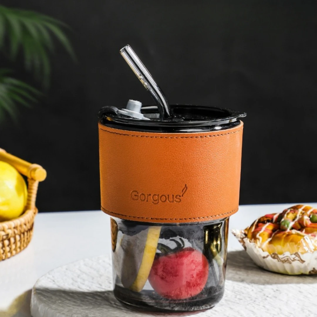 Md64 Promotion Clear Amber Glass Drinkware 450Ml Student Office Portable  Glass Coffee Cup Tea Mug With Straw