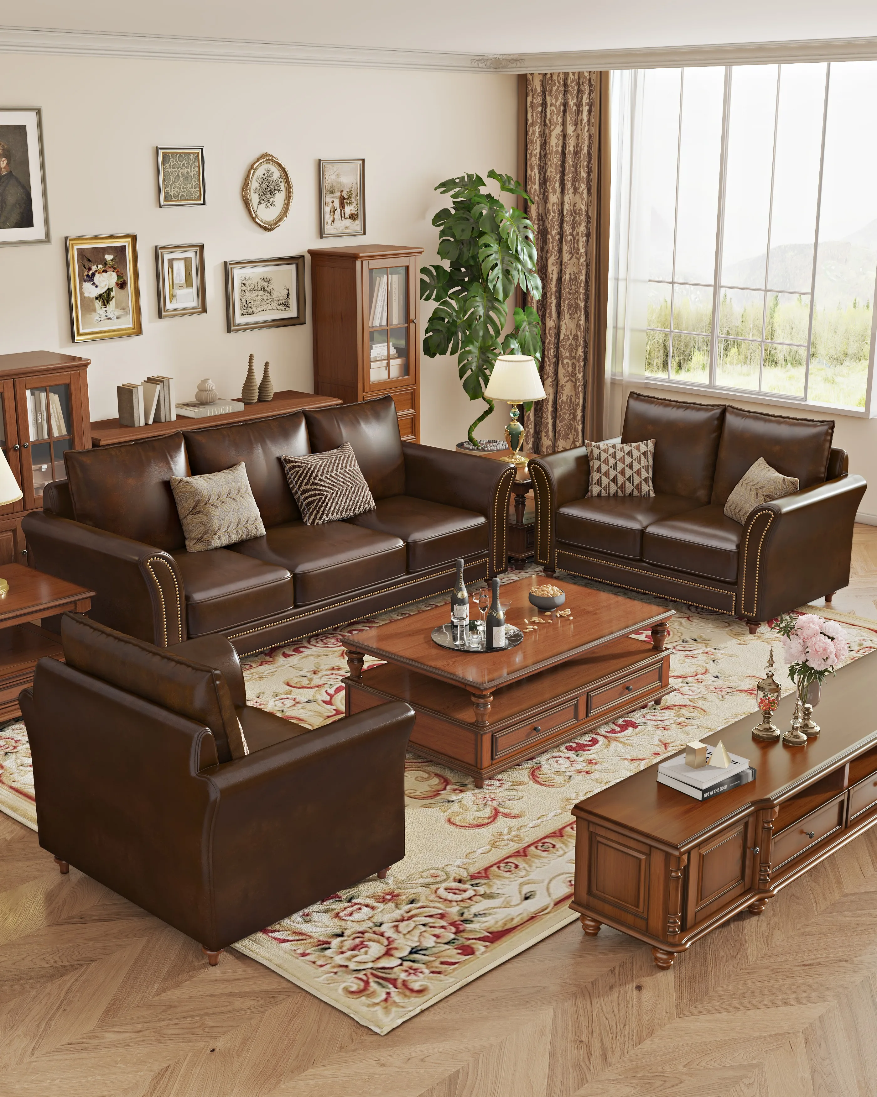 3 Seater Genuine Leather Sofa American Retro 1 2 3 Seat Sofa Set Living Room Countryside Solid Wood Furniture