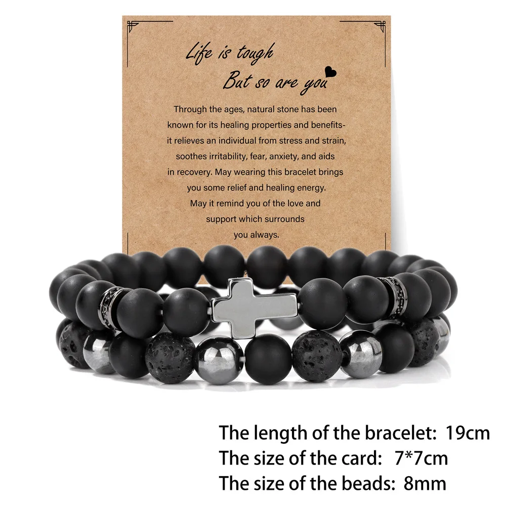 2024 Newest Fashion Lava Rock Stone and Matte Onyx Cross Skull Dragon Head Charm 2 Pieces Bracelet Sets