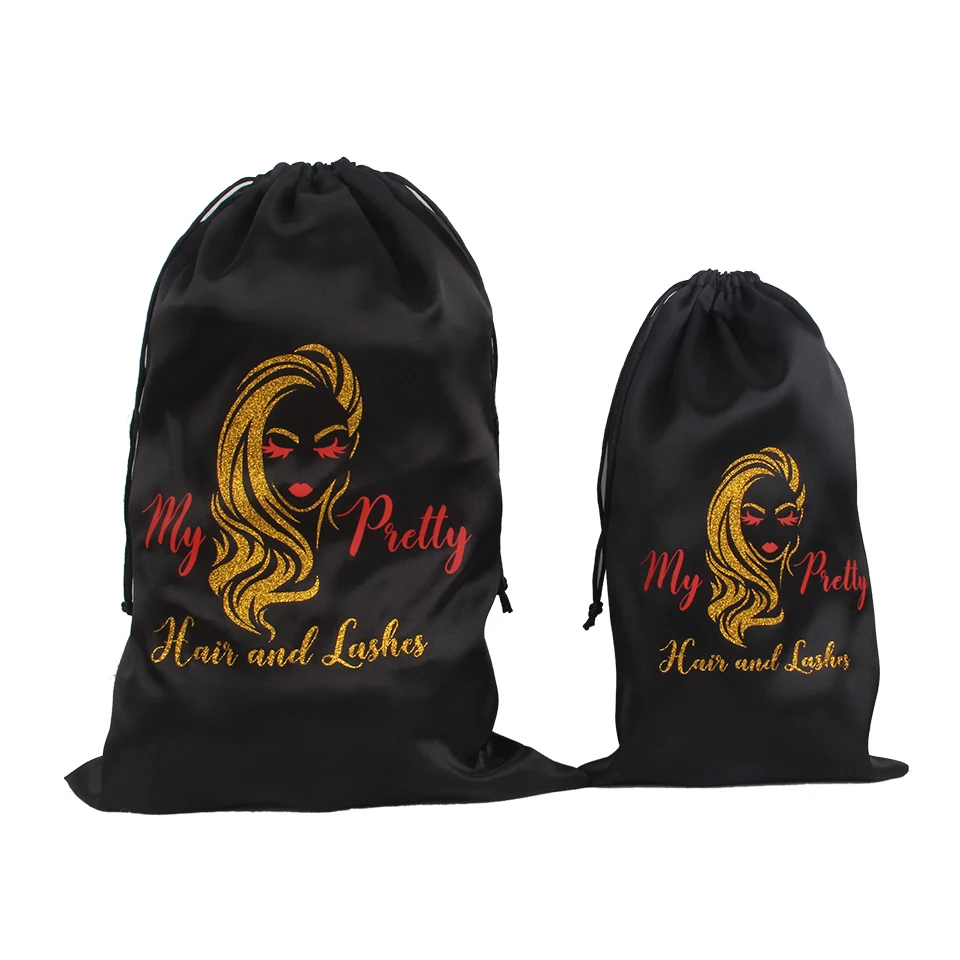 Custom hair extension silk pouch satin drawstring bag hair  printed Silk hair bag