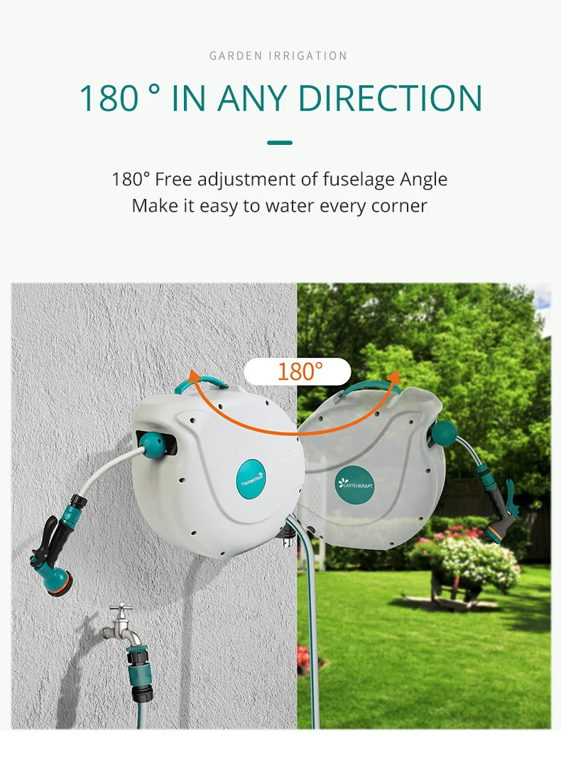 Wall Mounted Garden Hose Reel with 10- Function Sprayer Nozzle Any Length Lock and Slow Return for watering Garden