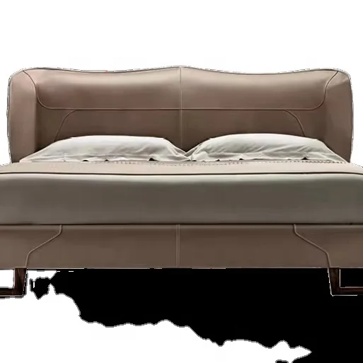 2024Luxury Italian Bed King Size Wood Bedroom Set Modern Design Leather Upholstery Princess Style Wide Headboard
