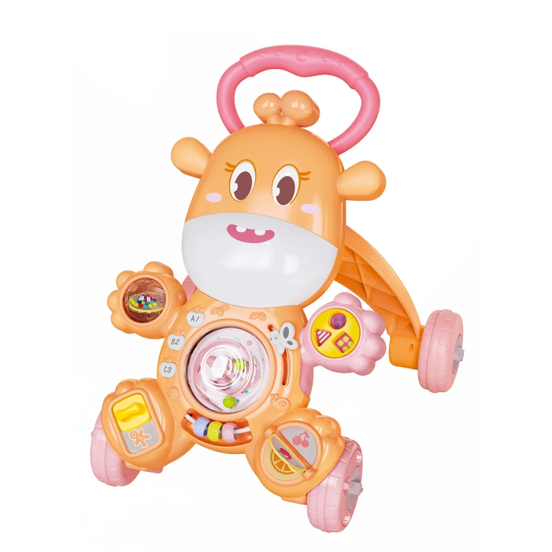 FiveStar New Arrival 4 Wheels Cute Toy Education Learning Cartoon Musical Toys Push Walker Sit-to-stand Learning Walker Kids