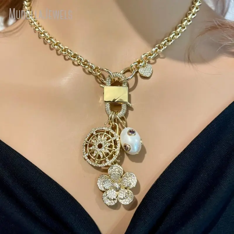 NM52436 Gold Plated Rolo Chain Lock Clasp Pearl Wheel Flower Heart Shape CZ Micro Pave Charm Pendant Necklace Jewelry Gift