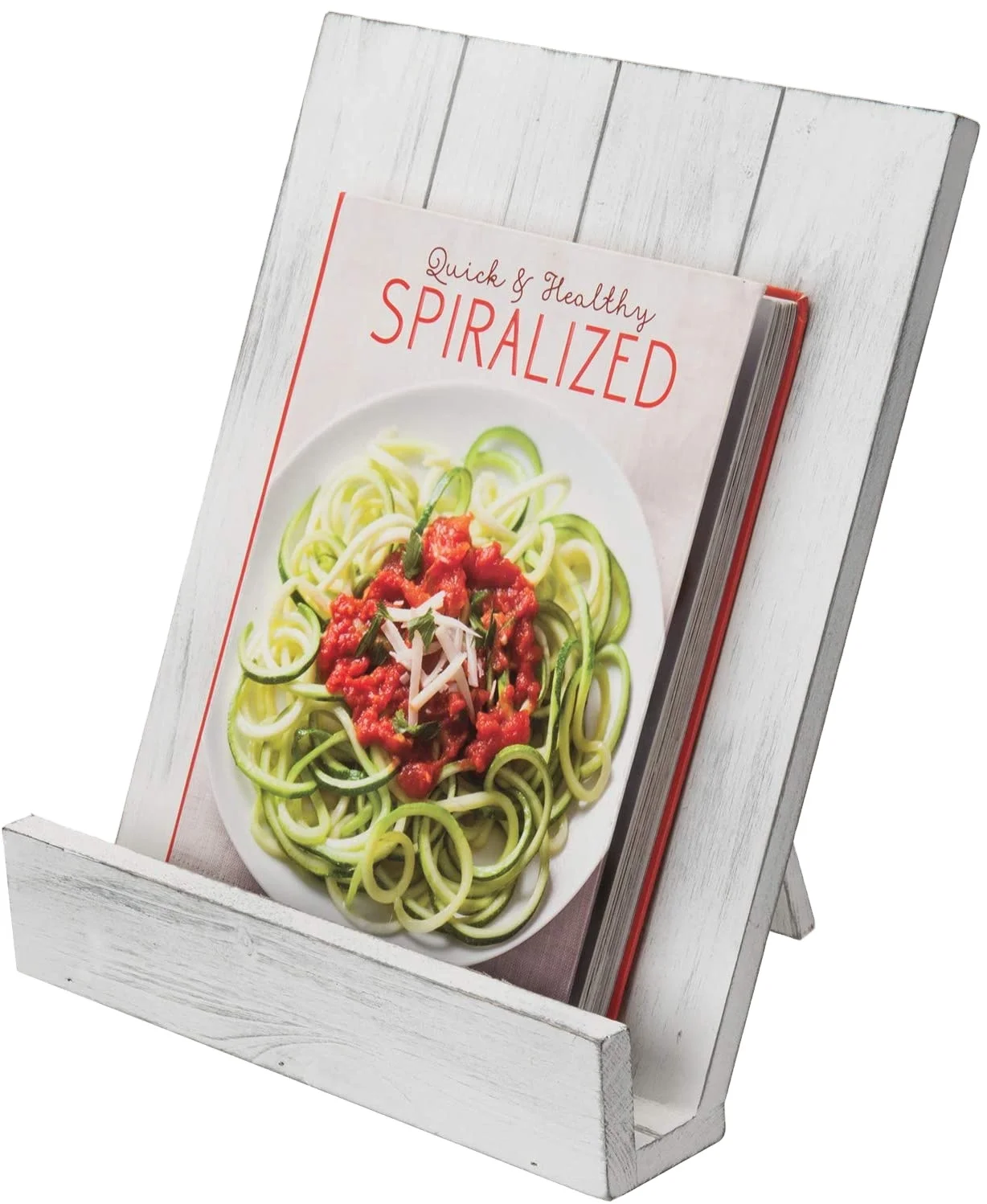 
Farmhouse Style Distressed Vintage White Wood Kitchen Cookbook Holder Stand with Folding Kickstand 