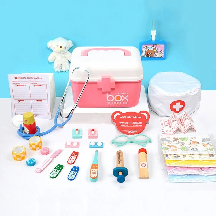 29pcs Pink Role Play Preschool Dentist Wooden Pretend Play Toys Doctor Toys Set Kids Wooden Pretend Play Kit