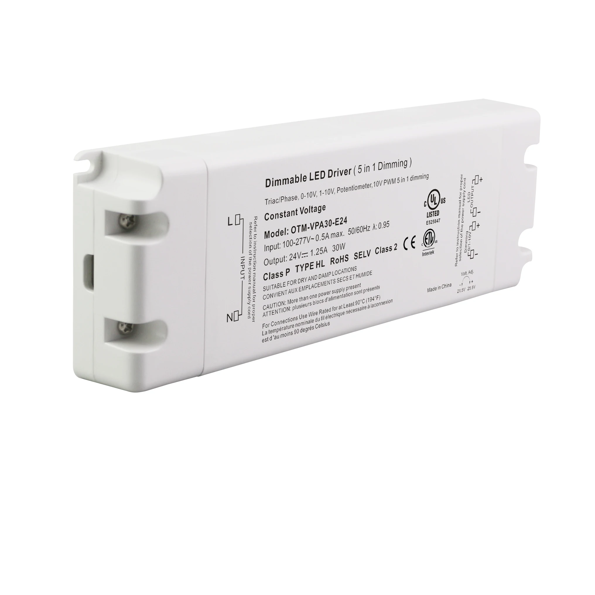 UL Triac 0-10V PWM 5 in 1 24V 30w Constant Voltage Dimmable LED Driver